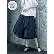 【慢。生活】自訂款半鬆緊側拉鍊荷葉邊設計款棉質褲裙 M-XL 8209  M 深藍色