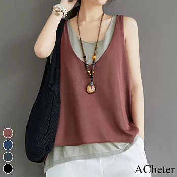 【ACheter】 韓版遮肚顯瘦假兩件拼色針織背心上衣# 112323 F 磚紅