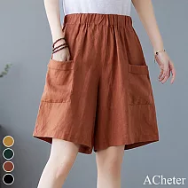 【ACheter】 復古純色寬鬆棉麻大口袋短褲# 112516 M 橘色