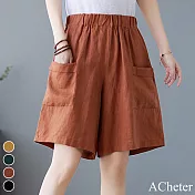 【ACheter】 復古純色寬鬆棉麻大口袋短褲# 112516 XL 橘色