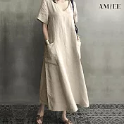 【AMIEE】休閒顯瘦寬鬆連身洋裝(KDD-1952) M 卡其
