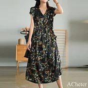 【ACheter】 柿柿如意碎花寬鬆V領系帶顯瘦洋裝# 112307 XL 黑色