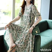 【MsMore】 甜美時尚莫內印花雪紡寬鬆洋裝# 112339 M 綠色