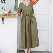 【ACheter】 踏青旅行棉麻文藝寬鬆V領洋裝# 112363 L 軍綠色