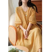 【ACheter】 文藝風系帶舒適時尚V領棉麻洋裝# 112427 XL 黃色