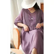 【ACheter】 文藝風系帶舒適時尚V領棉麻洋裝# 112427 M 紫色