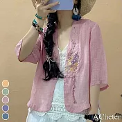 【ACheter】 夏季民族風盤扣V領棉麻刺繡罩衫# 112460 M 粉紅色