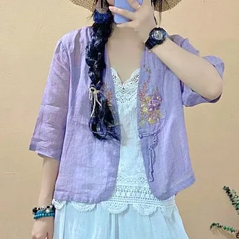 【ACheter】 夏季民族風盤扣V領棉麻刺繡罩衫# 112460 M 紫色
