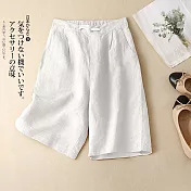 【ACheter】 設計風棉麻鬆緊腰直筒休閒寬鬆五分褲# 112626 L 白色