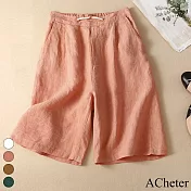 【ACheter】 設計風棉麻鬆緊腰直筒休閒寬鬆五分褲# 112626 XL 粉紅色