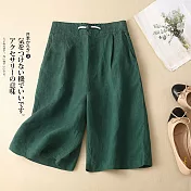 【ACheter】 設計風棉麻鬆緊腰直筒休閒寬鬆五分褲# 112626 M 綠色