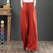 【ACheter】 夏文藝棉麻寬鬆大碼闊腿高腰拖地褲# 112630 M 紅色
