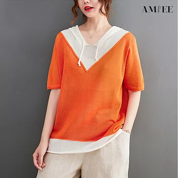 【AMIEE】拼接假兩件連帽短袖上衣(KDT-9730) F 橙色