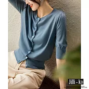 【Jilli~ko】法式chic氣質純色泡泡袖開扣針織衫 J8896　 FREE 藍色