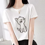 【MsMore】 小貓圓領短袖棉T恤上衣# 112634 M 白色