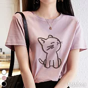【MsMore】 小貓圓領短袖棉T恤上衣# 112634 M 粉紅色