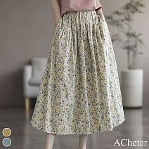【ACheter】 唯美印花大碼A字鬆緊腰長裙# 112663 M 黃色