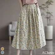 【ACheter】 唯美印花大碼A字鬆緊腰長裙# 112663 XL 黃色