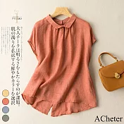 【ACheter】 時尚文青簡約純色棉麻刺繡上衣# 112679 M 橘紅色