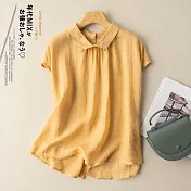 【ACheter】 時尚文青簡約純色棉麻刺繡上衣# 112679 L 黃色