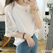 【MsMore】 日系精緻蝙蝠衫鏤空蕾絲拼接透氣上衣# 112686 F 白色