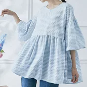 【MsMore】 日系簡約格子寬鬆兩面穿棉麻燈籠袖上衣# 112687 F 藍色