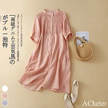 【ACheter】 復古法式寬鬆文藝褶皺棉麻洋裝# 112620 M 粉紅色