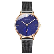 Geneva 日內瓦-碧翠絲城市情人假秒盤米蘭帶手錶 _玫金殼藍面黑帶