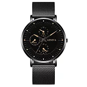 Geneva 日內瓦-卡爾頓紳士經典假三眼米蘭帶手錶 _黑殼黑面黑帶