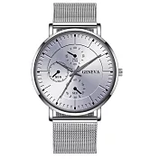 Geneva 日內瓦-卡爾頓紳士經典假三眼米蘭帶手錶 _銀殼白面銀帶