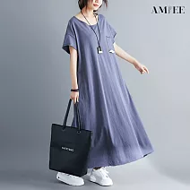 【AMIEE】簡單圓領素面落地長洋裝(KDD-6675B) L 灰藍色