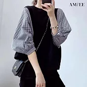 【AMIEE】拼接條紋設計蓬蓬袖上衣(KDT-0107) M 黑色