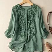 【ACheter】 刺繡寬鬆氣質漂亮棉麻七分袖上衣# 112681 M 綠色