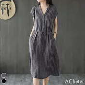 【ACheter】 亞麻感薄款系帶豎條紋短袖洋裝# 112717 L 深灰色
