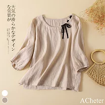 【ACheter】 簡約文藝蝴蝶結亞麻感五分袖襯衫# 112719 M 卡其色