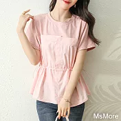 【MsMore】 氣質上妝感短袖抽繩顯瘦薄款短袖襯衫# 112727 M 粉紅色