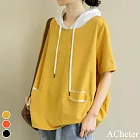 【ACheter】 文藝撞色拼接連帽短袖上衣# 112731 F 黃色