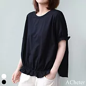 【ACheter】 抓皺顯瘦荷葉邊圓領短袖T恤# 112733 F 黑色
