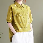 【ACheter】 沁涼開襟印花短袖襯衫棉麻上衣# 112746 M 黃色