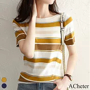 【ACheter】 簡約拼接撞色設計T恤上衣# 112736 F 黃色