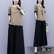 【Jilli~ko】兩件套復古文藝撞色大碼寬鬆闊腿褲裙套裝 J8985　 FREE 卡其色