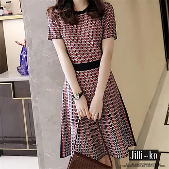 【Jilli~ko】夏季新款法式復古撞色氣質修身冰絲針織連衣裙 J8991　 FREE 紅色