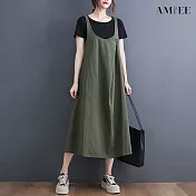 【AMIEE】設計感寬鬆舒適吊帶裙洋裝(KDD-3303) L 軍綠