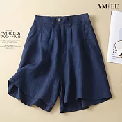 【AMIEE】氣質舒適百搭棉麻五分褲(KDP-1307) 2XL 深藍