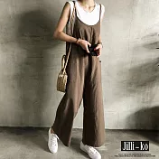 【Jilli~ko】韓系復古百搭休閒吊帶寬鬆闊腿連體褲 J9028　 FREE 咖色