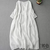 【初色】文藝圓領寬鬆七分袖純色連身洋裝-共3色-61726(M-2XL可選) M 白色