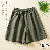 【初色】復古繫帶棉麻風短褲-共4色-61601(M-2XL可選) 2XL 綠色