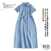 【初色】棉麻風繫帶短袖洋裝-共2色-61380(M-2XL可選) M 淺藍色