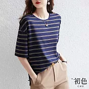 【初色】五分袖金條紋T恤-藏青色-61539(M-2XL可選) XL 藏青色