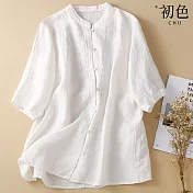 【初色】刺繡高雅麻立領寬鬆短袖襯衫-共2色-61721(M-2XL可選) XL 白色